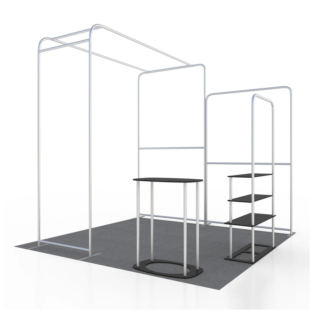 10x10 L-Arch Booth Kit with Straight Walls, Shelving & 2 Counters