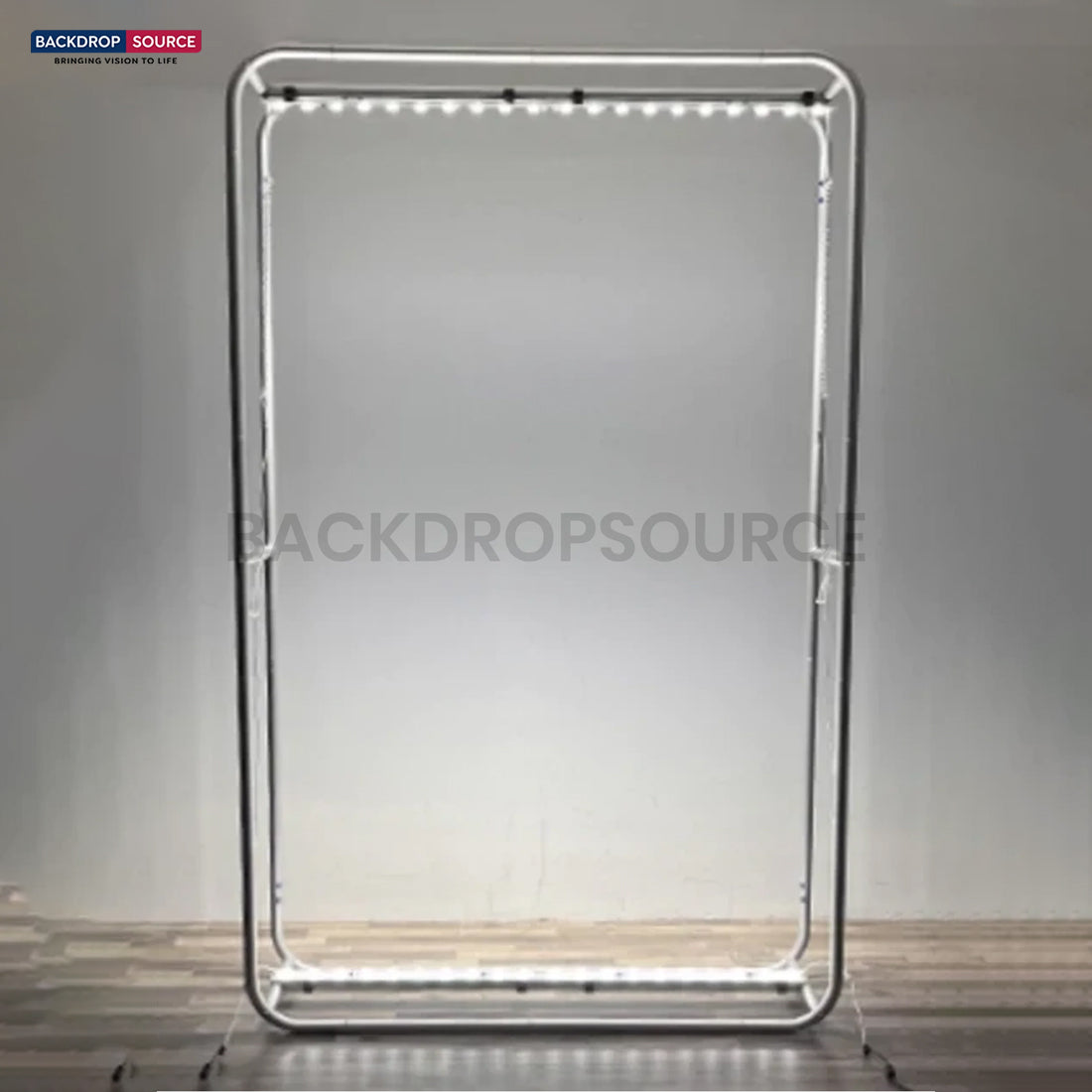 L-Shaped Illuminated Media Wall Set with Counters for 10ft x 10ft Booths.