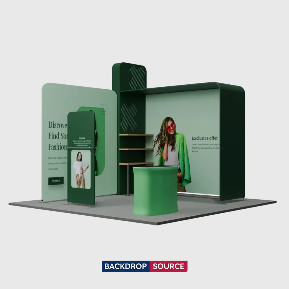 10x10 L-Arch Booth Kit with 3D Shelf Wall Box & Counter