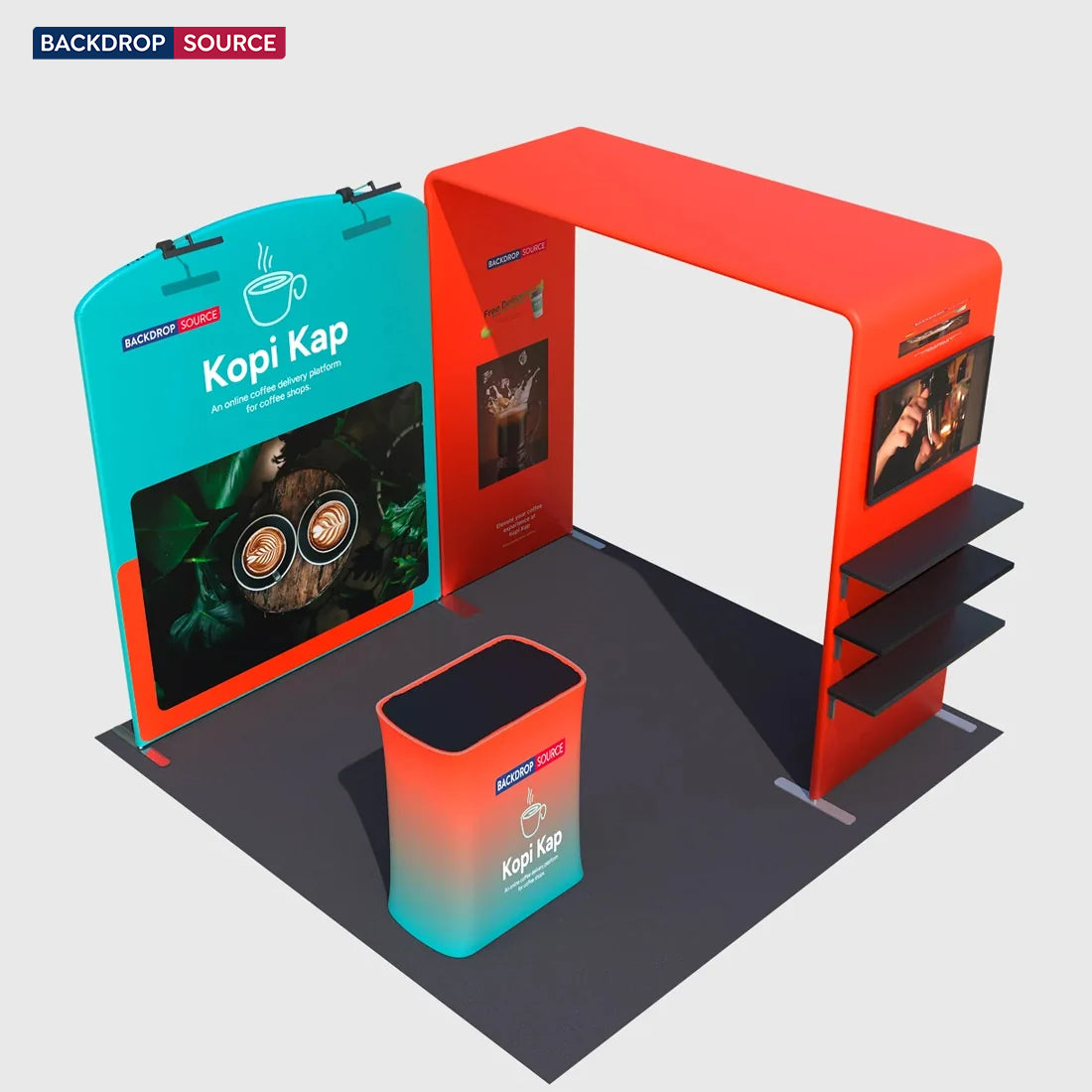 10x10 Booth Kit with Sloped & Square Arches, TV Mount & Counter