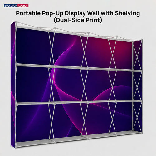Portable Pop-Up Display Wall with Shelving (Dual-Side Print)