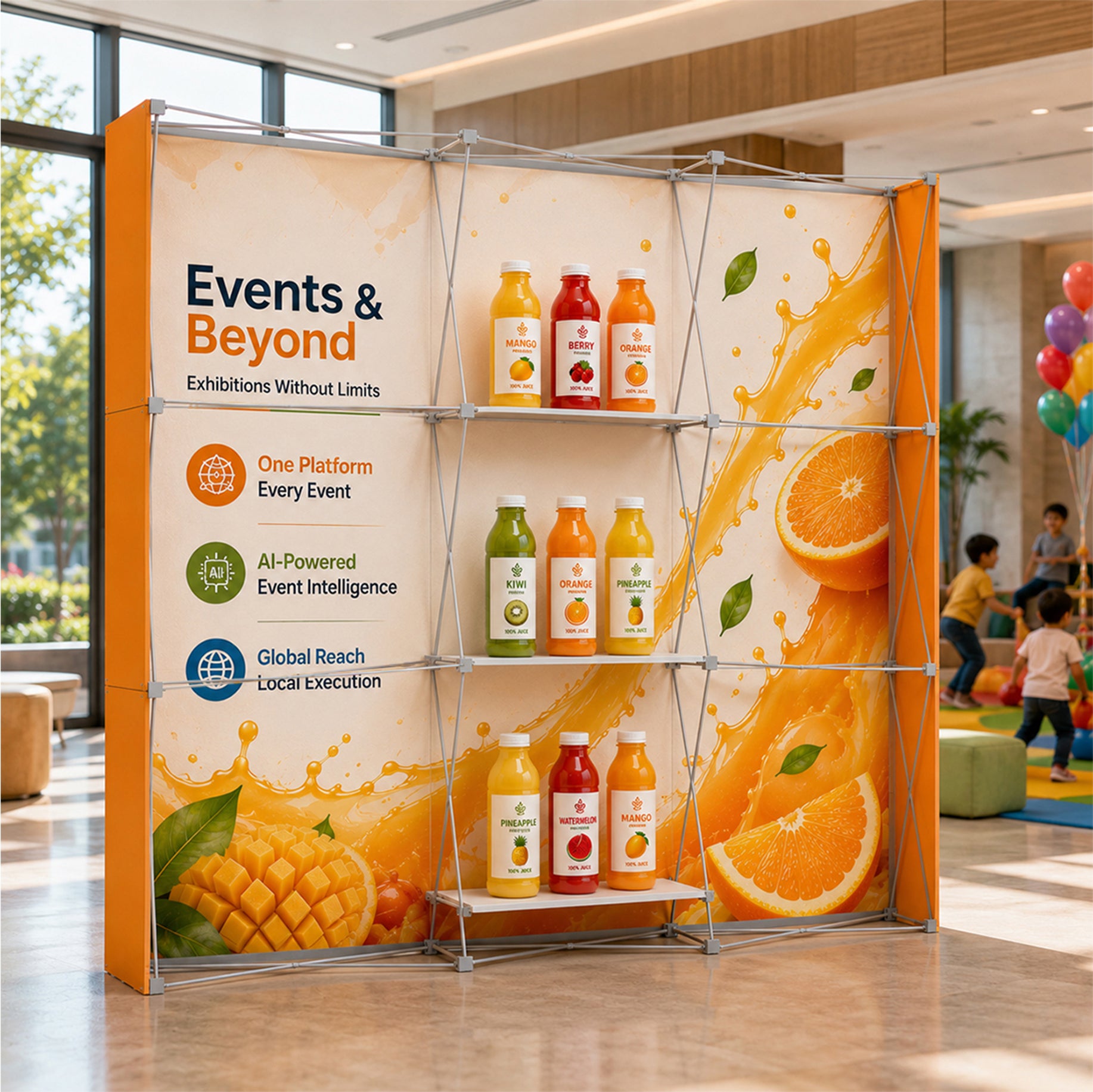 Portable Pop-Up Display Wall with Shelving (Dual-Side Print)