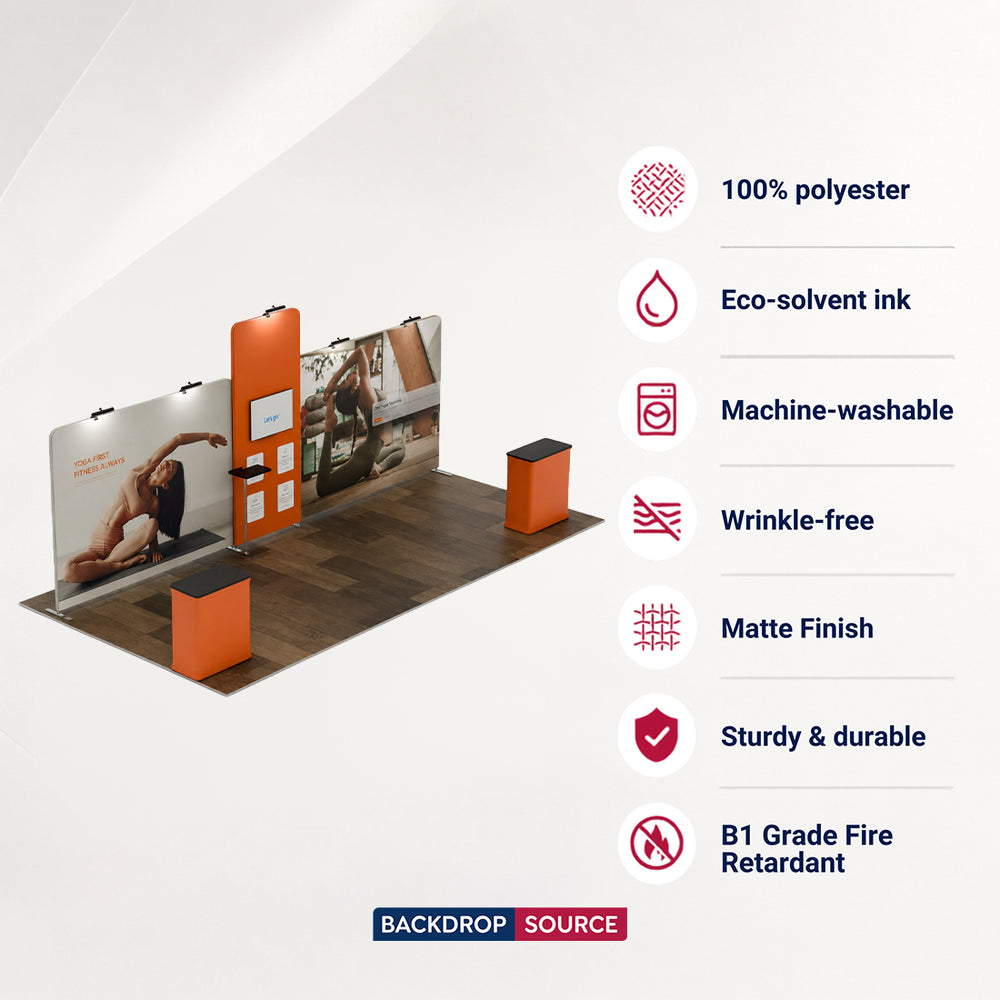 20x10 Booth Kit with Tall Corner Wall, 2 Counters & TV Mount