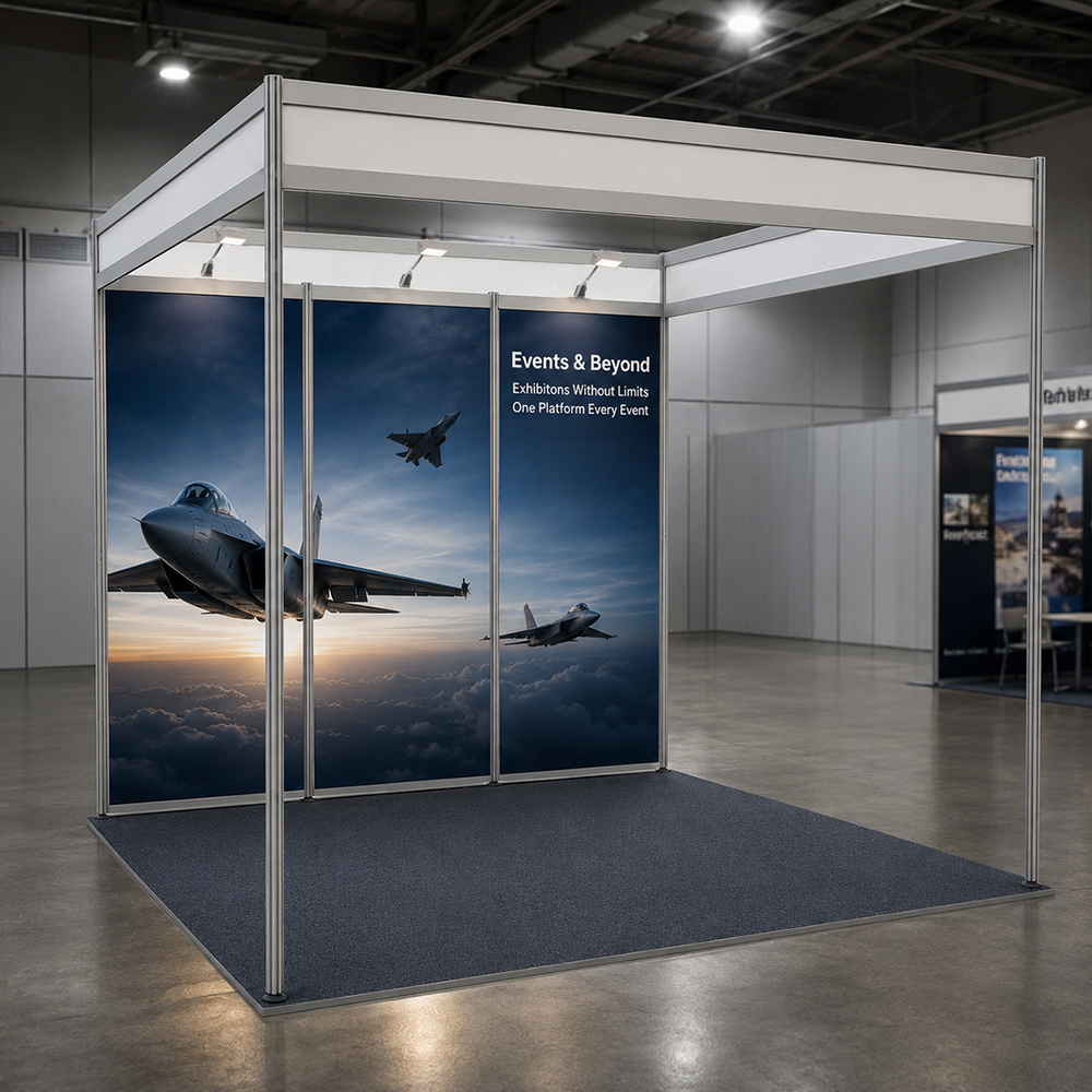 Conception graphique modulaire pour un stand de 3 m de large x 3 m de profondeur 