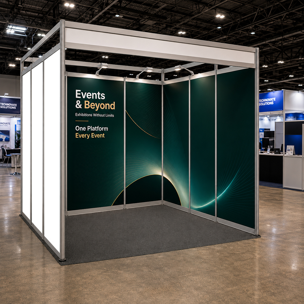 Conception graphique modulaire pour un stand de 3 m de large x 3 m de profondeur 