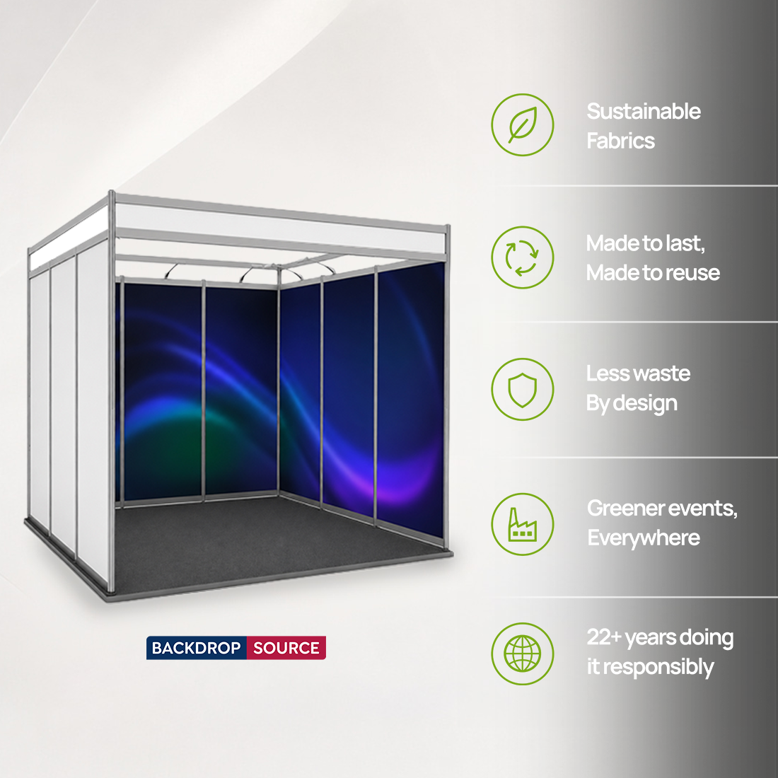 Conception graphique modulaire pour un stand de 3 m de large x 3 m de profondeur 