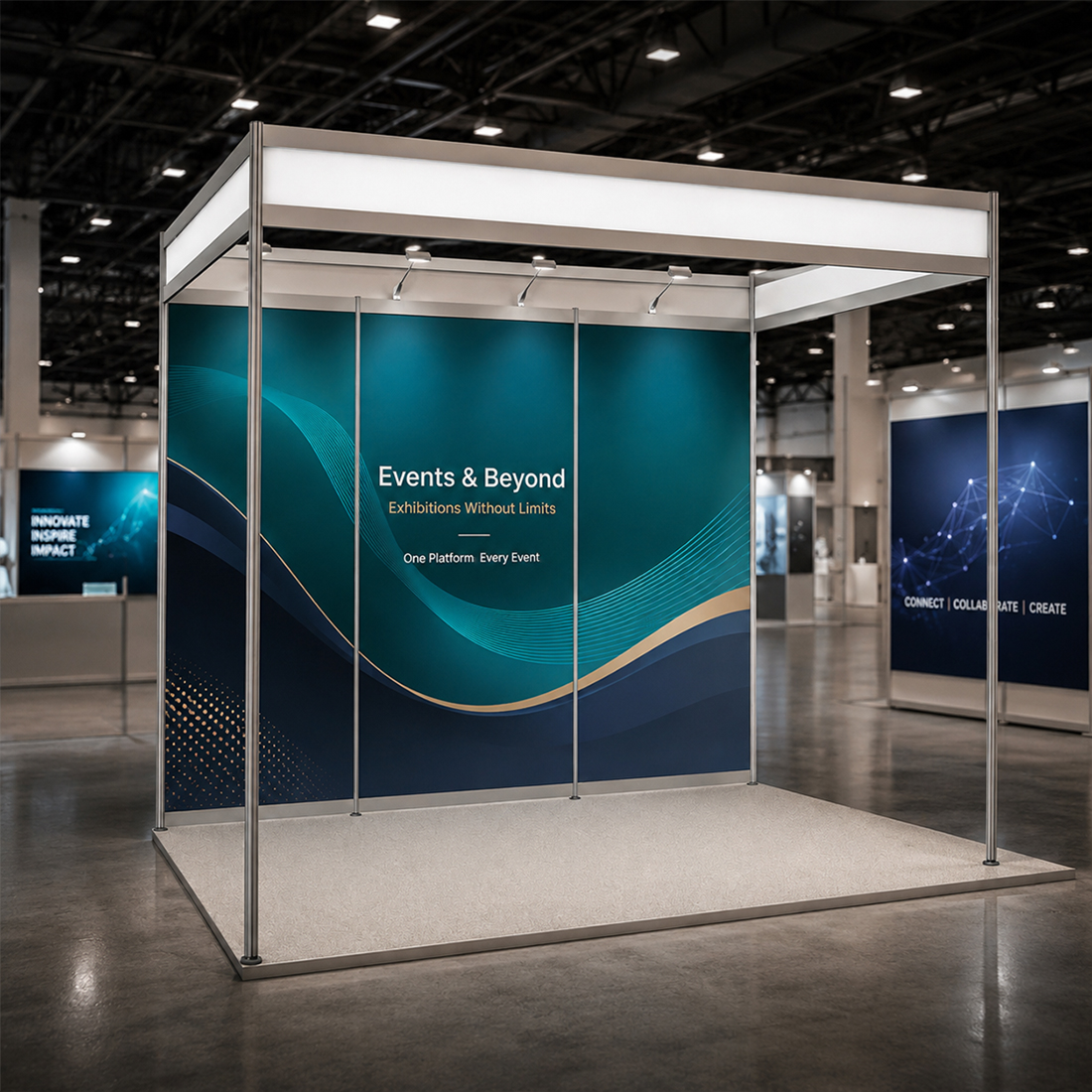 Conception graphique modulaire pour un stand de 3 m de large x 2 m de profondeur 
