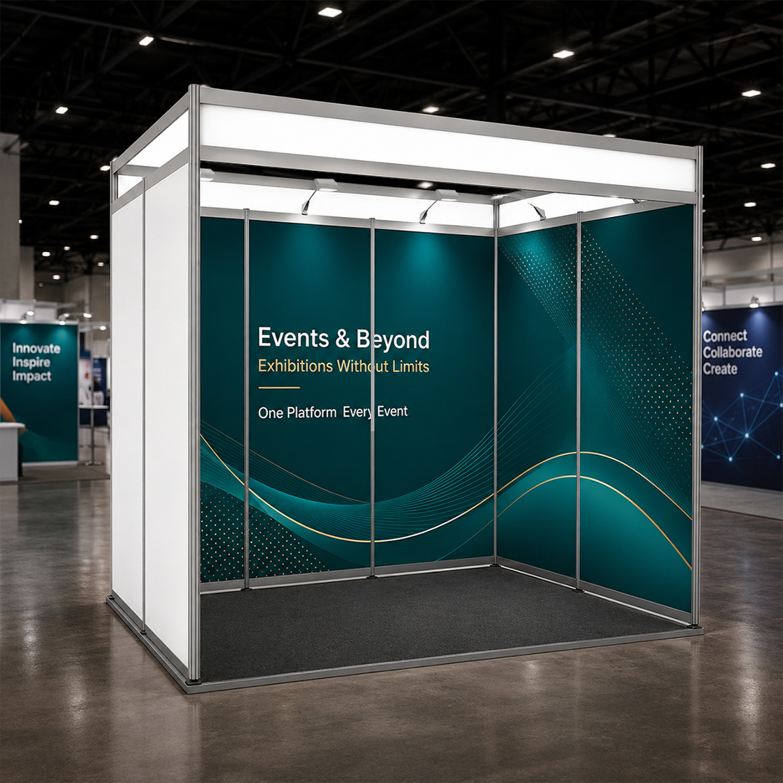 Conception graphique modulaire pour un stand de 3 m de large x 2 m de profondeur 