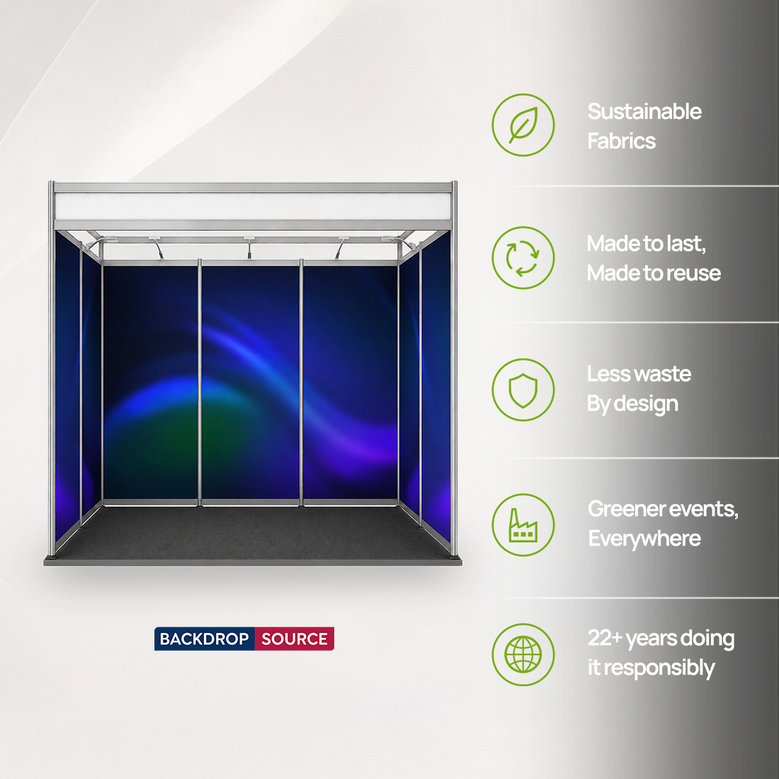Conception graphique modulaire pour un stand de 3 m de large x 2 m de profondeur 