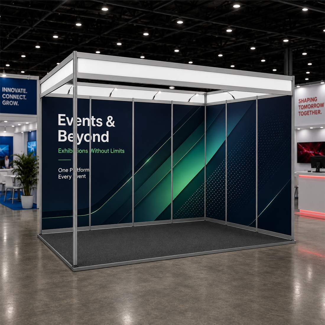 Graphismes pour stand d'exposition (structure modulaire) de 4 m de large x 3 m de profondeur 