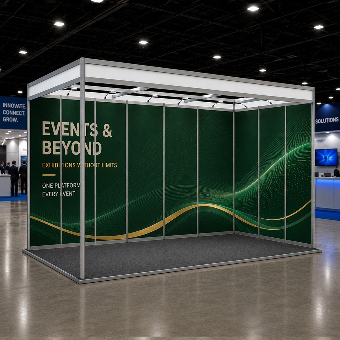 Conception graphique modulaire pour un stand de 6 m de large x 3 m de profondeur 