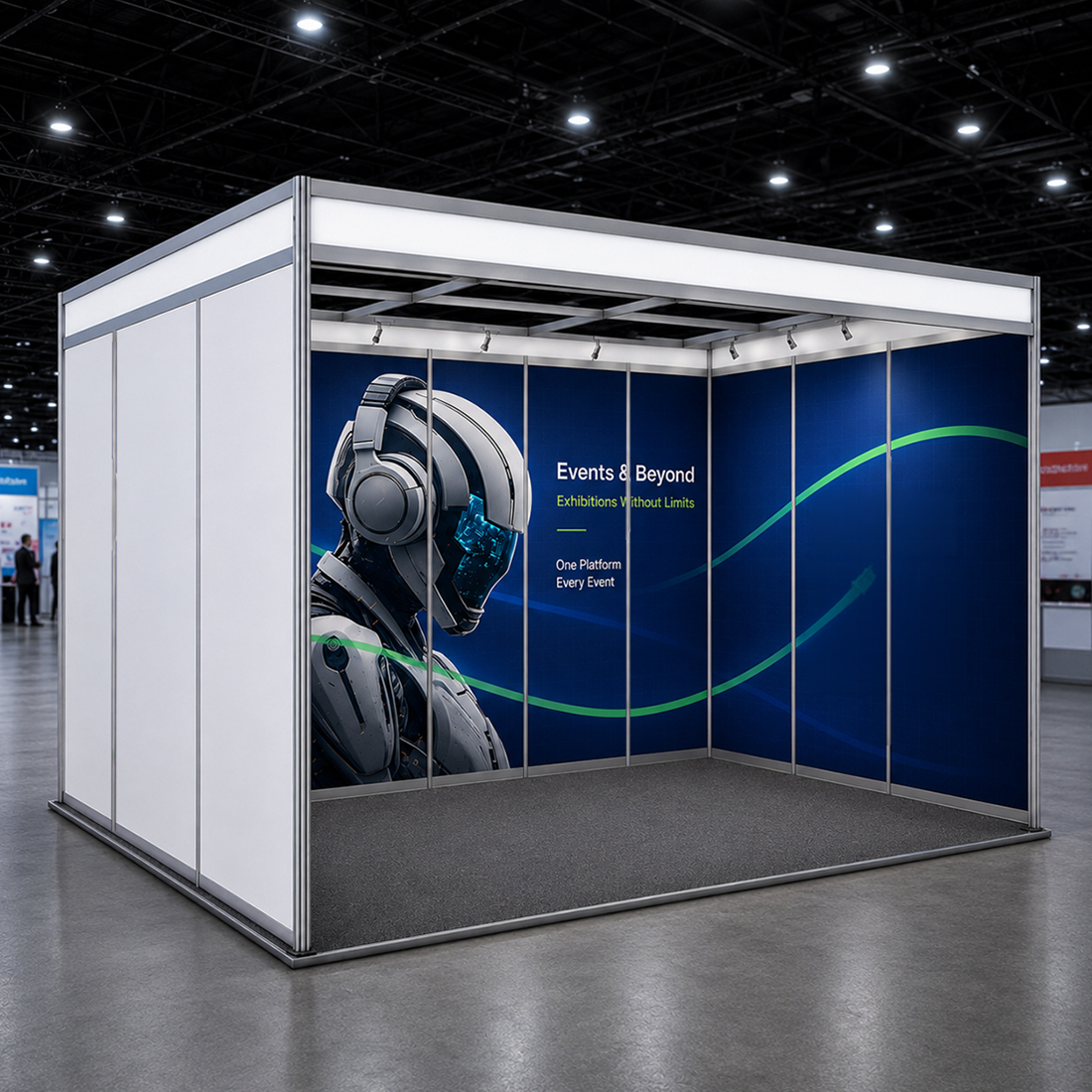 Conception graphique modulaire pour un stand de 6 m de large x 3 m de profondeur 