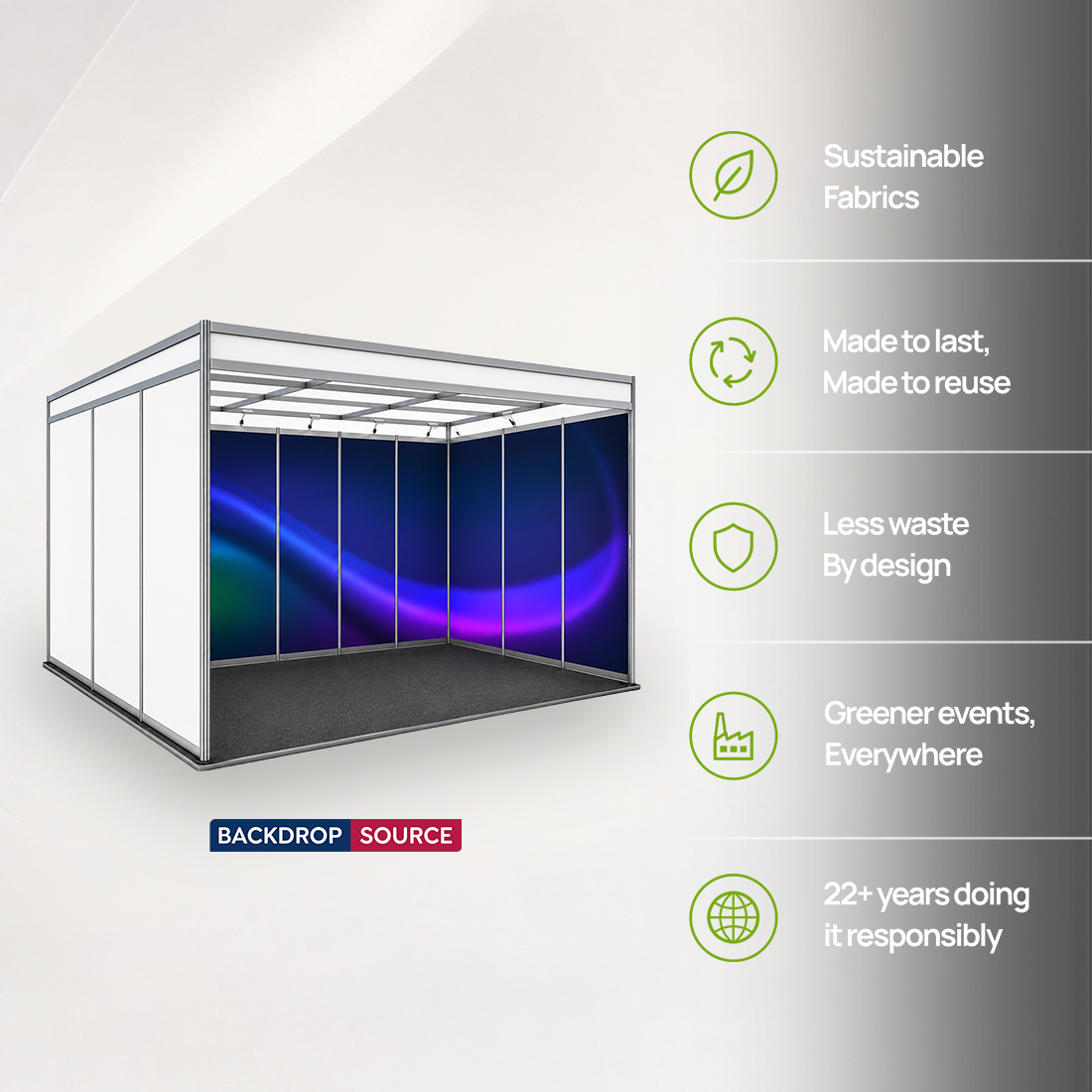 Conception graphique modulaire pour un stand de 6 m de large x 3 m de profondeur 