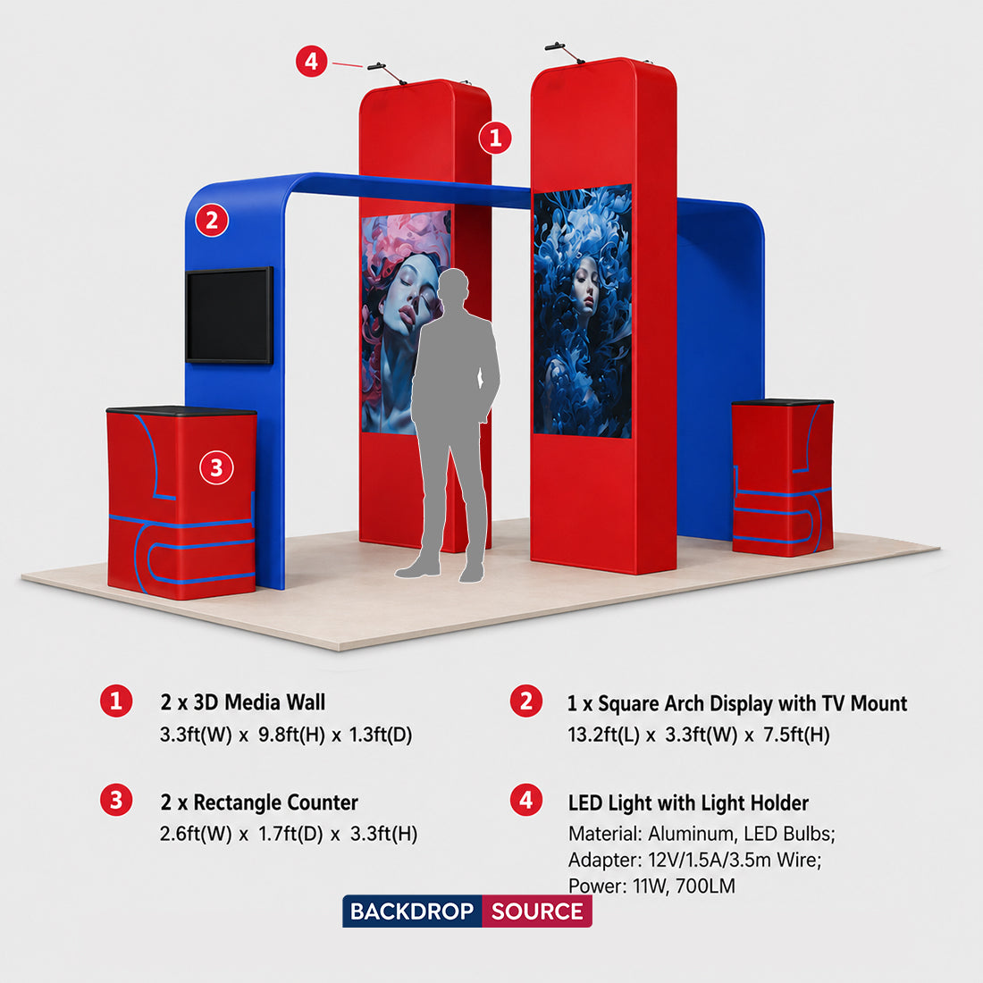 20x10 Booth Kit with 3D Media Walls, Square TV Arch & 2 Counters