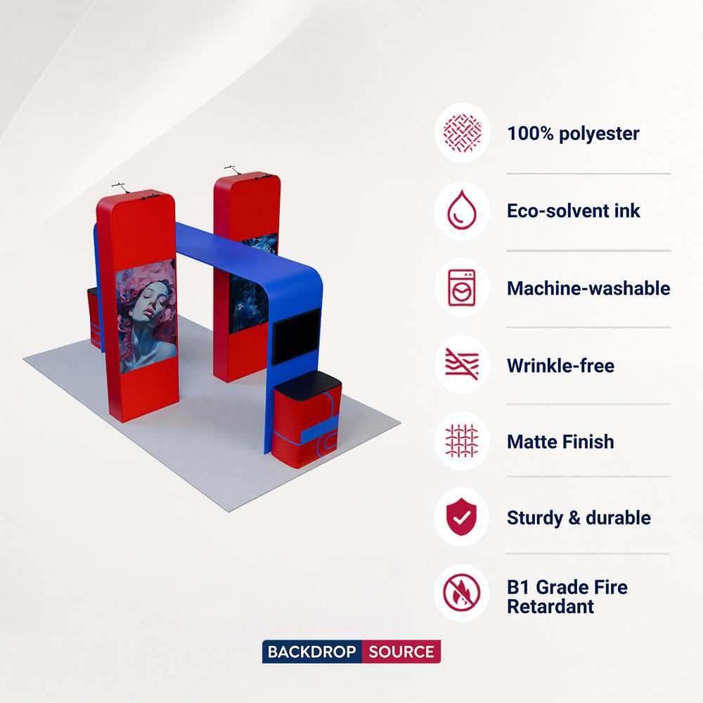 20x10 Booth Kit with 3D Media Walls, Square TV Arch & 2 Counters