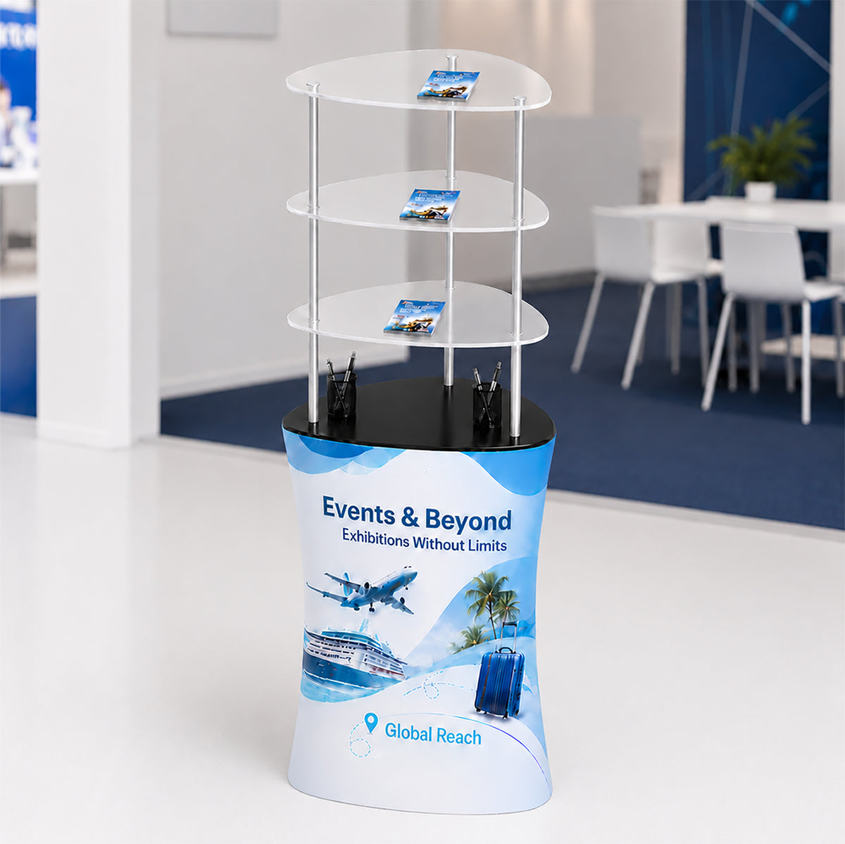 Triangular Fabric Display Counter with Acrylic Triple Shelves