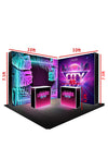 L-Shaped Illuminated Media Wall Set with Counters for 10ft x 10ft Booths.
