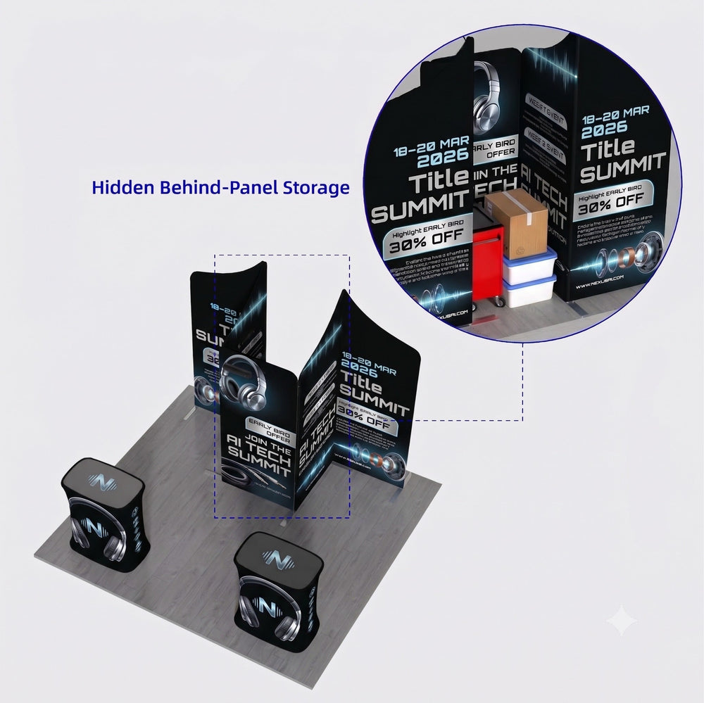 Magnetic Fabric Banner Stand & Pop-Up Booth Exhibition Kit - hidden behind-panel storage