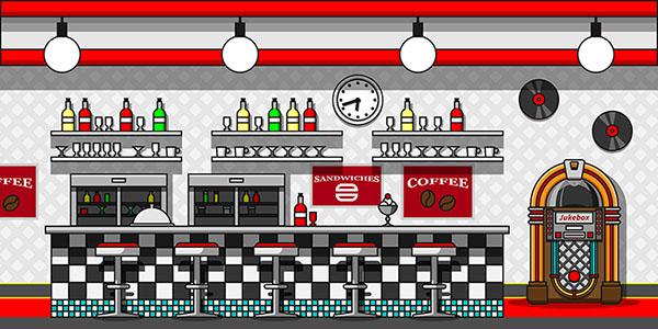 Retro Cafe Interior Flat Line Illustration Backdrop Printing