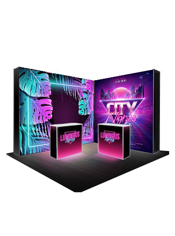 L-Shaped Illuminated Media Wall Set with Counters for 10ft x 10ft Booths.